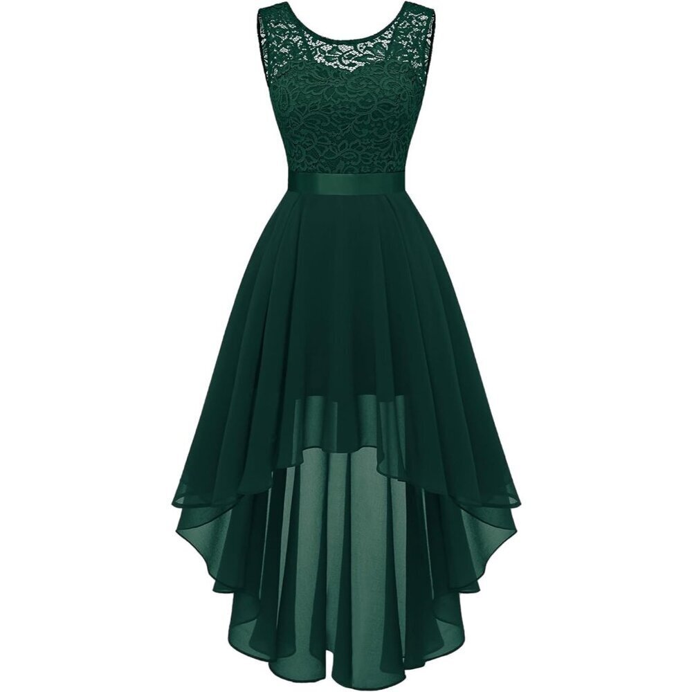 BeryLove Women Darkgreen Chiffon Scoop Neck Sleeveless Lace Cocktail Dress
